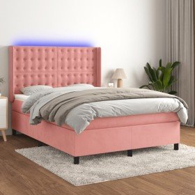 Cama box spring colchón y LED terciopelo rosa 140x200 cm Cama box spring colchón y LED terciopelo rosa 140x200 cm