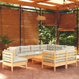 Muebles de jardín 10 pzas y cojines madera maciza de pino crema