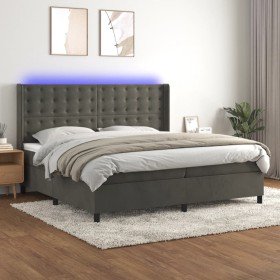 Cama box spring colchón y LED terciopelo gris oscuro 200x200 cm Cama box spring colchón y LED terciopelo gris oscuro 200x200 cm