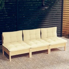 3-seater garden sofa with solid cream pine wood cushions by vidaXL, Outdoor sofas - Ref: Foro24-3096076, Price: 233,19 €, Dis...