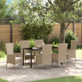 Juego de Comedor de Jardín de 7 Piezas con Cojines Beige de