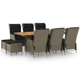 Set de comedor jardín 9 piezas cojines ratán sintético marrón