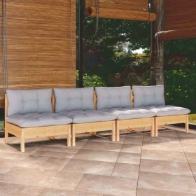 4-seater garden sofa with solid gray pine wood cushions by vidaXL, Outdoor sofas - Ref: Foro24-3096123, Price: 296,92 €, Disc...