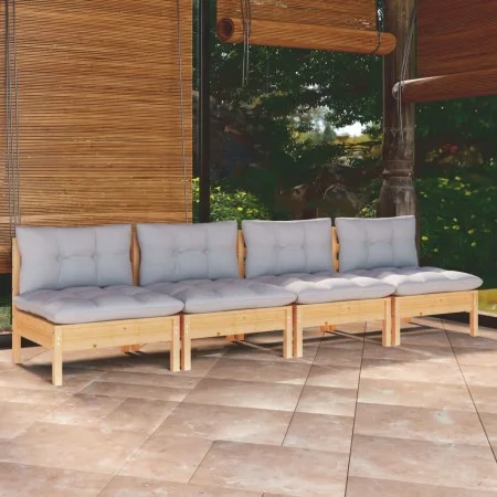 Sofá de jardín de 4 plazas con cojines madera maciza pino gris de vidaXL, Sofás de exterior - Ref: Foro24-3096123, Precio: 29...