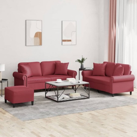 Juego de sofás con cojines 3 piezas cuero sintético rojo tinto
