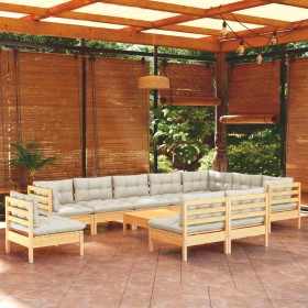 Muebles de jardín 11 pzas y cojines madera maciza de pino crema