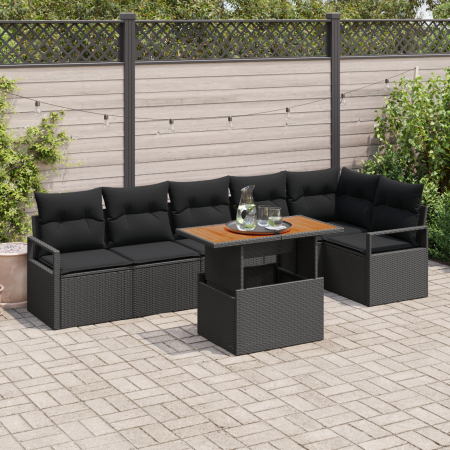 Set de Sofás de Jardín de 7 Piezas con Cojines Rattan PE Negros