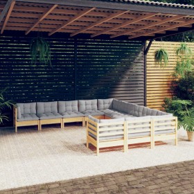 Muebles de jardín 11 pzas y cojines madera de pino gris