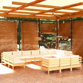 Muebles de jardín 13 piezas cojines madera de pino color crema