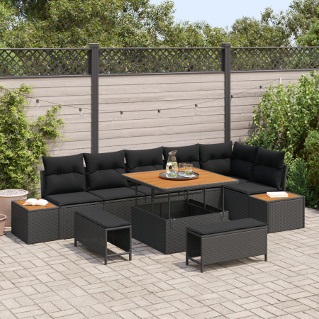 Conjunto de Sofás de Jardín de 9 Piezas con Cojines Negro