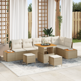Juego de Sofás de Jardín de 9 Piezas con Cojines Beige de Ratán