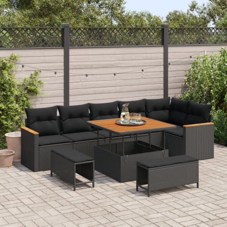 Conjunto de Sofás de Jardín de 9 Piezas con Cojines Negro