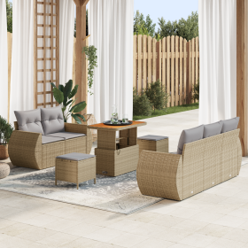 Set de Sofá para Jardín de 8 Piezas con Cojines Beige Poliratán