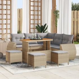 Conjunto de Sofá de Jardín de 9 Piezas con Cojines Beige Ratán
