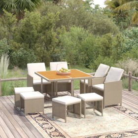 Set comedor de jardín 9 pzas con cojines ratán sintético beige