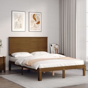 Estructura de cama matrimonio con cabecero madera marrón miel