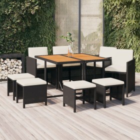 Set de comedor de jardín 9 pzas y cojines ratán sintético negro