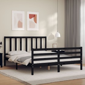 Estructura de cama con cabecero madera maciza negro 160x200 cm