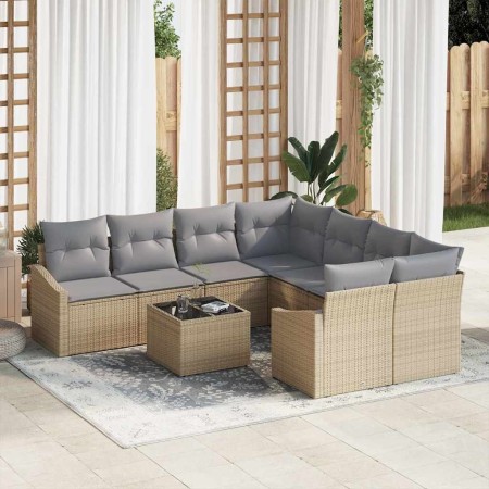 Conjunto de sofá de jardín con cojín 9 pcs Beige y Gris Claro