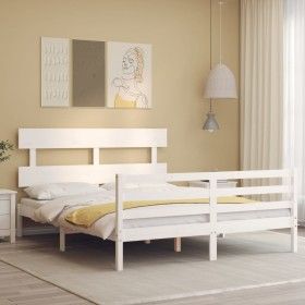 Estructura de cama con cabecero madera maciza blanco 160x200 cm