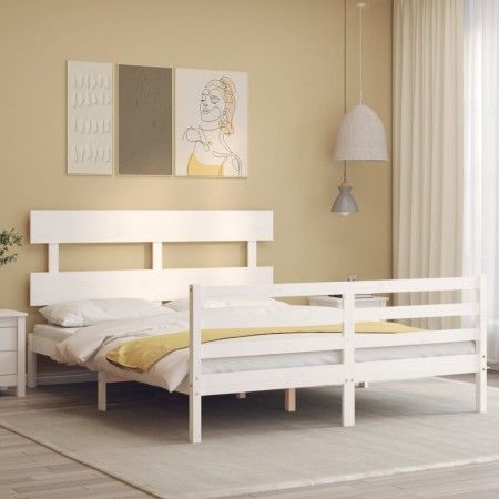 White solid wood bed frame with headboard 160x200 cm by vidaXL, Beds and slatted bases - Ref: Foro24-3195102, Price: 137,04 €...