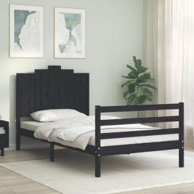 Estructura de cama con cabecero madera maciza negro 100x200 cm