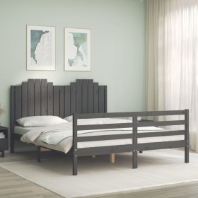 Estructura de cama matrimonio con cabecero madera maciza gris