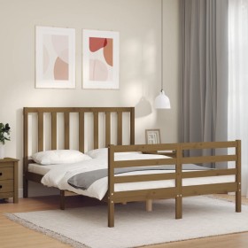 Estructura cama y cabecero madera maciza marrón miel 140x200 cm