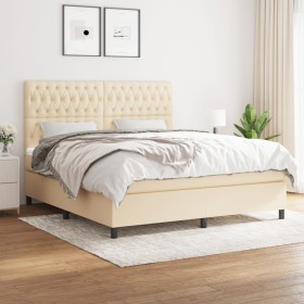 Cama box spring con colchón tela color crema 180x200 cm