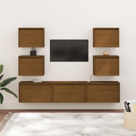 Muebles para TV 7 piezas madera maciza de pino marrón miel