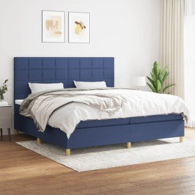 Cama box spring con colchón tela azul 200x200 cm