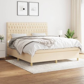 Cama box spring con colchón tela color crema 180x200 cm