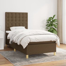 Cama box spring con colchón tela marrón oscuro 90x200 cm