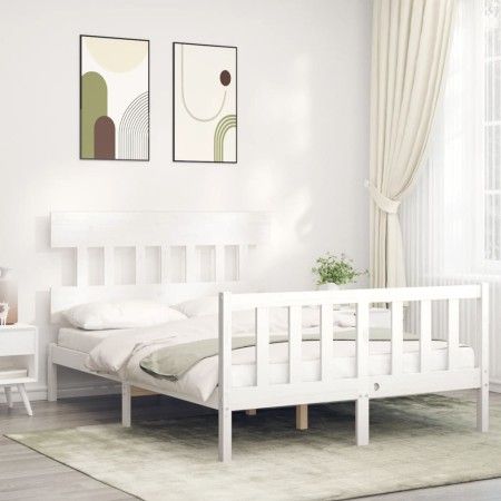 White solid wood bed frame with headboard 140x200 cm by vidaXL, Beds and slatted bases - Ref: Foro24-3193337, Price: 130,12 €...