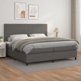 Cama box spring con colchón cuero sintético gris 200x200 cm