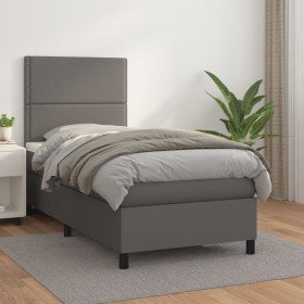 Cama box spring con colchón cuero sintético gris 90x190 cm Cama box spring con colchón cuero sintético gris 90x190 cm