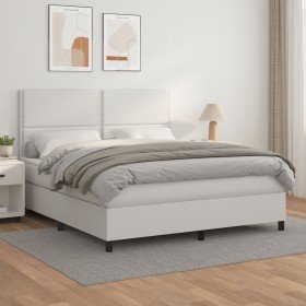 Cama box spring con colchón cuero sintético blanco 180x200 cm Cama box spring con colchón cuero sintético blanco 180x200 cm