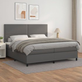 Cama box spring con colchón cuero sintético gris 200x200 cm Cama box spring con colchón cuero sintético gris 200x200 cm