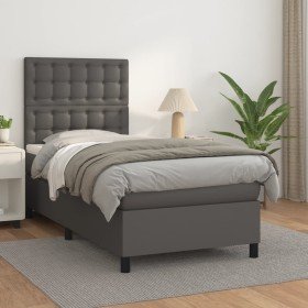 Cama box spring con colchón cuero sintético gris 90x190 cm Cama box spring con colchón cuero sintético gris 90x190 cm