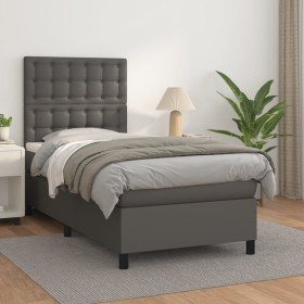 Cama box spring con colchón cuero sintético gris 90x200 cm Cama box spring con colchón cuero sintético gris 90x200 cm