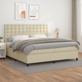 Cama box spring con colchón cuero sintético crema 200x200 cm Cama box spring con colchón cuero sintético crema 200x200 cm