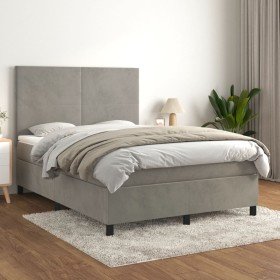 Cama box spring con colchón terciopelo gris claro 140x190 cm Cama box spring con colchón terciopelo gris claro 140x190 cm