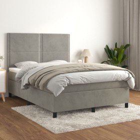 Cama box spring con colchón terciopelo gris claro 140x190 cm Cama box spring con colchón terciopelo gris claro 140x190 cm