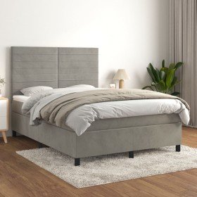Cama box spring con colchón terciopelo gris claro 140x190 cm Cama box spring con colchón terciopelo gris claro 140x190 cm