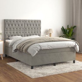Cama box spring con colchón terciopelo gris claro 140x190 cm Cama box spring con colchón terciopelo gris claro 140x190 cm