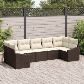 Conjunto de sofá de jardín 7 pcs Marrón Poliratán
