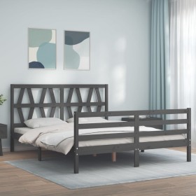 Estructura de cama matrimonio con cabecero madera maciza gris