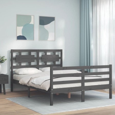 Estructura de cama con cabecero madera maciza gris