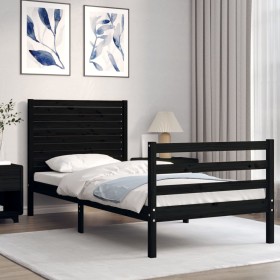 Estructura de cama con cabecero madera maciza negro 100x200 cm