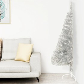 Medio árbol de Navidad artificial y soporte PVC plateado 150 cm